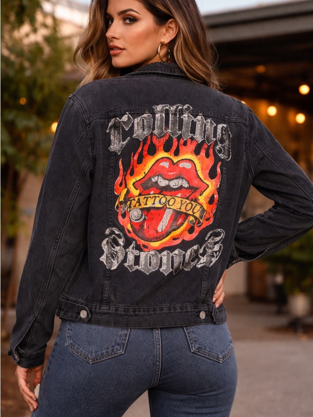 Rolling Stones Tattoo You Black Denim Jacket Medium Graphic Rock Band Distressed